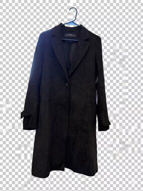 Zara Black Overcoat Trench knee length suede Coat Size S